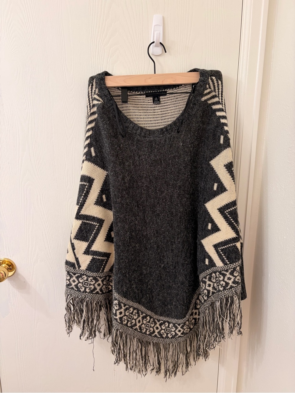 Haute Monde Charcoal & Cream Fringe Poncho Sweater